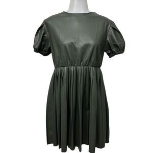 Zara Leather Army Green Dress Like New Green Puff Sleeve Faux Leather Size 13-14